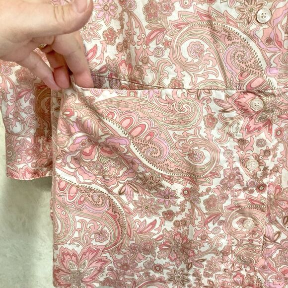 Isaac Mizrahi Live Button-Up Tunic Top Womens Size 8 Pink Tan Floral Long Sleeve - Picture 7 of 9
